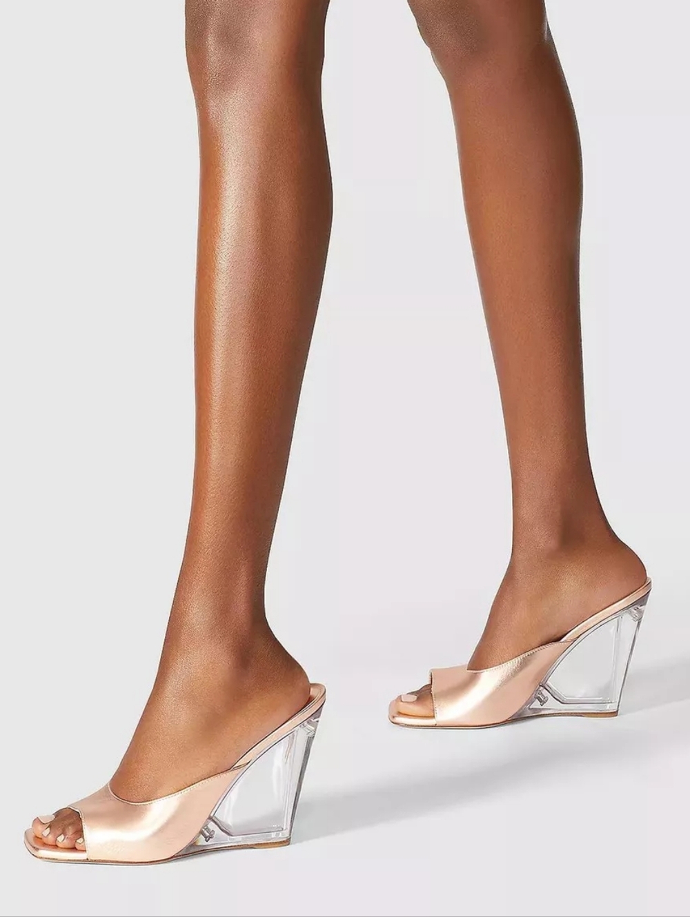 Stuart Weitzman 6.5 TIA 100 LUCITE WEDGE Rose Gold Metallic Leather Sandal